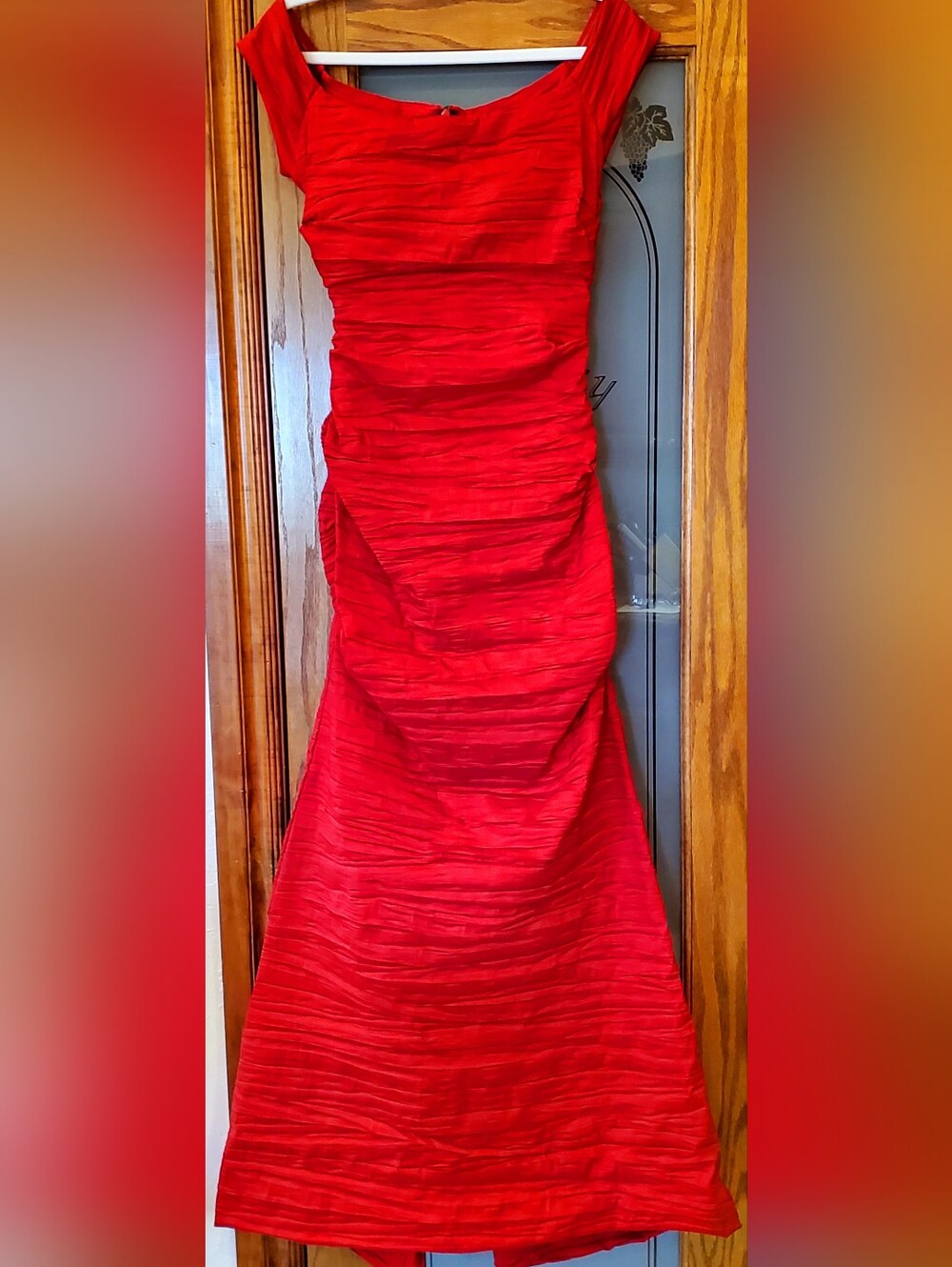 Alex Evening Womens Red Ruched Fishtail Taffeta Gown 12 Formal Wedding Holidays - Picture 11 of 13